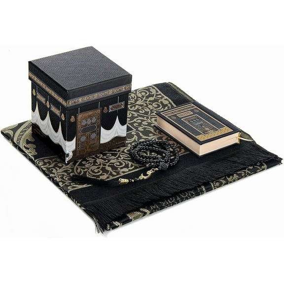 Ihvan Online Muslim Prayer Mat Islamic Gift Kaaba Design Taffeta Fabric Black Indoor