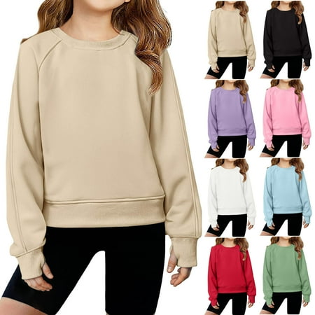 AINIYS Girls Sweatshirt Crop Tops for Teens Cropped Crewneck Pullover Warm Solid Color Ribbed Long Sleeve with Thumb Hole Tops Black 4-5Years