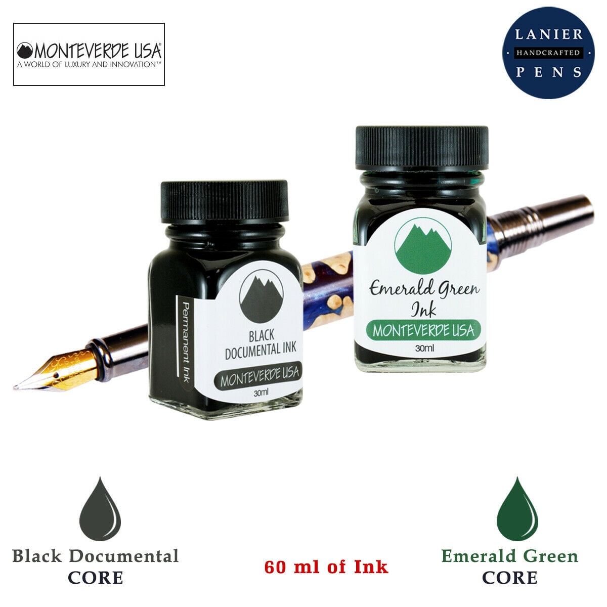 Monteverde 60ml Core Fountain Pen Ink Bottle (30ml Black Documental Ink Bottle G309DB, 30ml Emerald Green Ink Bottle G309EG)