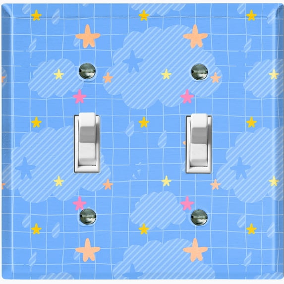 Metal Light Switch Wall Plate Outlet Cover (Sky Cloud Stars Rain Drops Check Pattern - Double Toggle)
