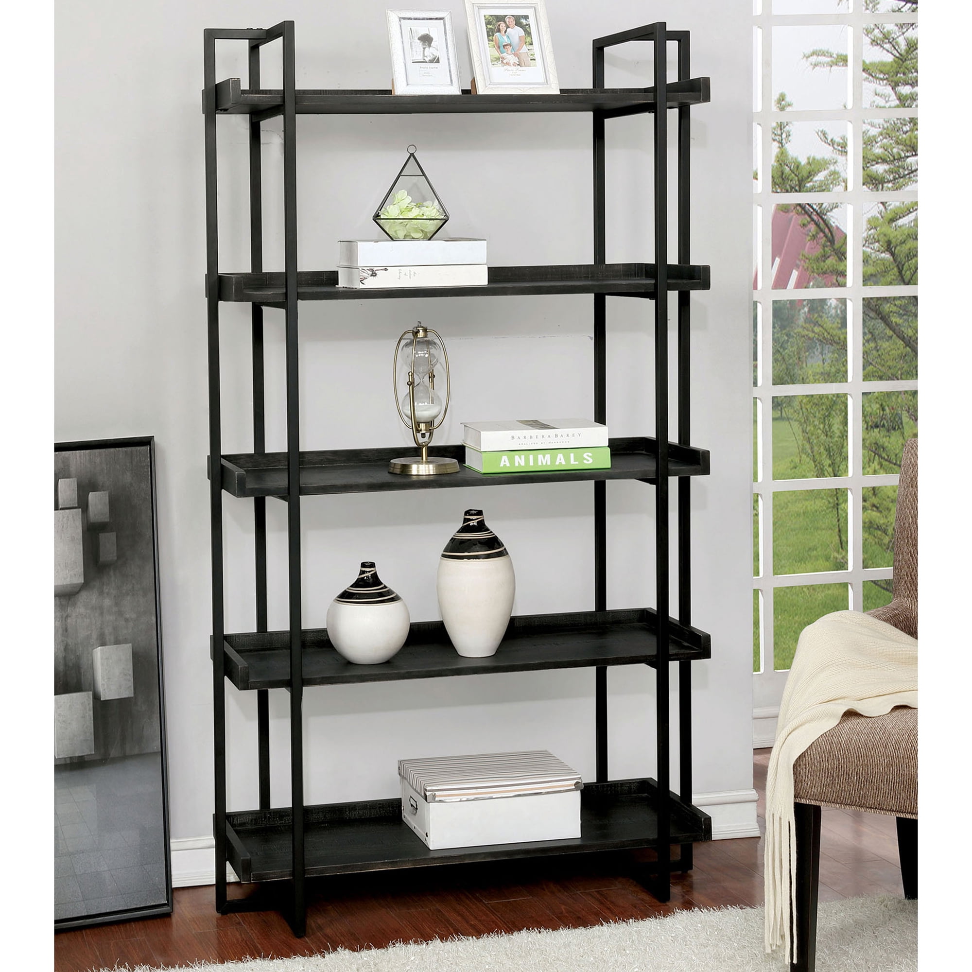 Furniture of America 15.38" W x 40.5" D x 72" H 5-Shelf Freestanding Shelves, Distressed Black