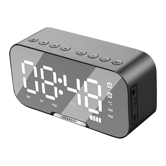 Puntoco Reloj despertador digital con espejo LED, reloj despertador de mesa con pantalla grande, altavoz inalámbrico, subwoofer, reproductor de música, soporte Bluetooth