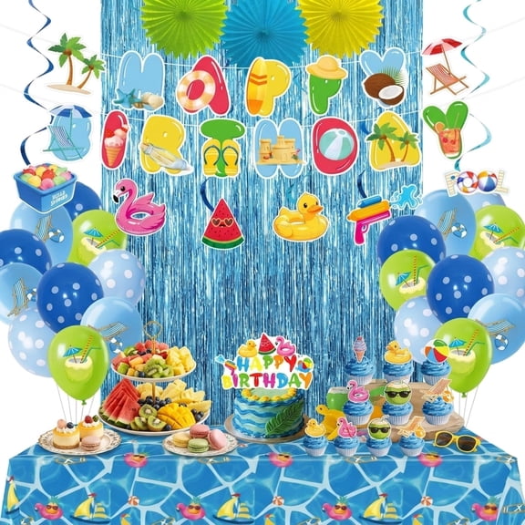 Luau Party Decorations Set, Blue Beach Birthday Banner Hanging Swirls Foil Fringe Curtain Tablecloth and Toppers for Pool Theme Celebration
