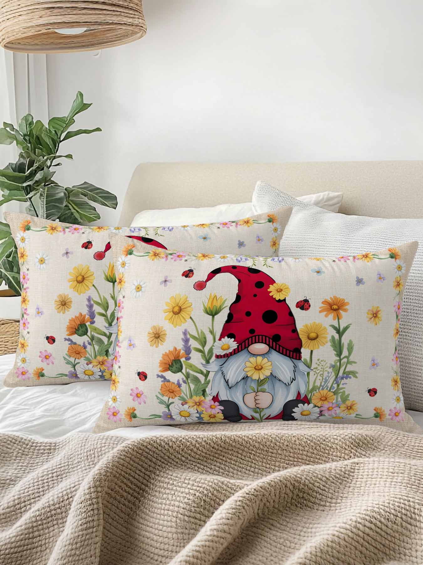 Outdoor Pillows Waterproof, Daisy Gnomes Bedding Throw Pillows with Insert for Couch Sofa Bed, Farmhouse Pastoral Garden Floral Burlap 12x20 Inch Pillowcases Decorative Camping Patio Pillow Set of 1