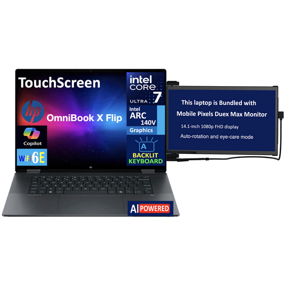 HP OmniBook X Flip 2-in-1 AI Powered 2-in-1 Laptop 16.0in Touchscreen IPS WUXGA Display (Intel Ultra 7-256V, 16GB LPDDR5X, 2TB PCIe SSD, Backlit KB, Thunderbolt 4, Win 11 Pro) w/Duex Max DS Monitor