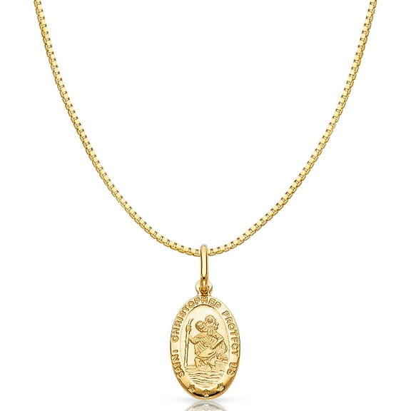14K Yellow Gold St. Christopher Protect Us Religious Charm Pendant with 0.8mm Box Chain Necklace - 20"