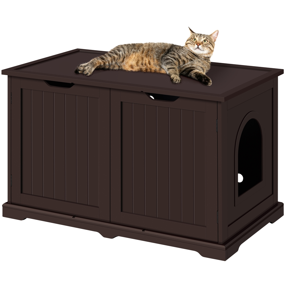 SmileMart Wooden Cat Washroom Bench Litter Box Side Table with Storage Space, Espresso