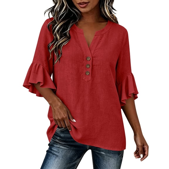 XuJwPNcy Womens T Shirts V Neck 3/4 Bell Sleeve Tops Trendy Ruffle Hem Blouse Casual Summer Outfits Ladies Soft Tees