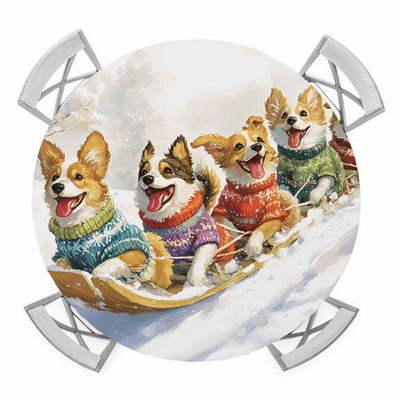 Christmas Round Tablecloth for 36-44 Inch Tables,Fitted Table Cover with Elastic Edge,Playing Sleds Skiing Dog Winter Xmas Holiday Waterproof Outdoor Table Cloth Protector for Patio Garden Dinner