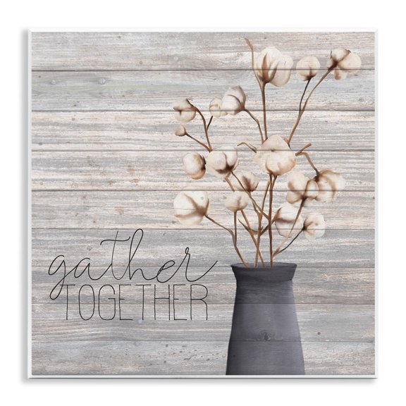 Stupell Industries Traditional Grey Gather Together Cotton Flowers in Vase Wall Plaque Art, 12 x 12, by Kim Allen