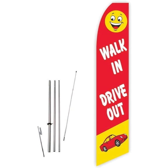 Walk in Drive Out Red Super Novo Feather Flag - Complete with 15ft Pole Set and Ground Spike
