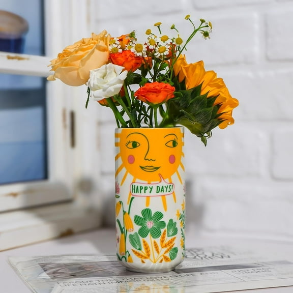 Cute Small Ceramic Flower Vase-Colorful Boho Unique Round Design with Lively Smiley Patterns-Dopamine Decor Multi Use as Makeup Brush Holder, Pencil Pen Cup-Perfect for Weddings, Mother's Day
