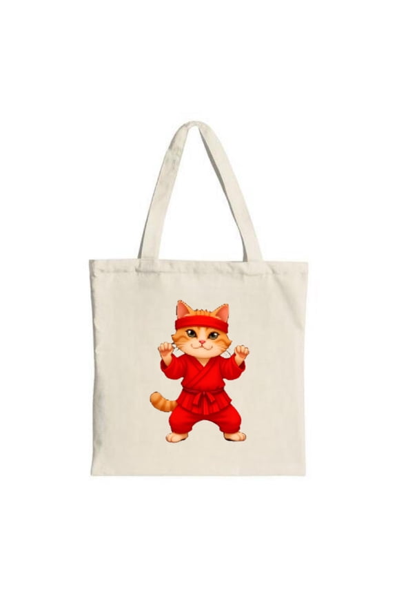 Cheerful Cartoon Cat Tote Bag - Red Martial Arts Attire Playful Design Perfect for Shopping Travel & Parties - Reusable Canvas Bag