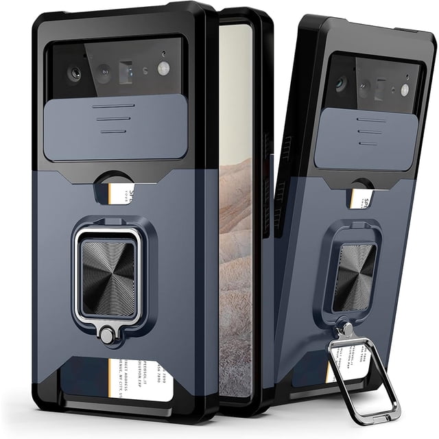KOMI Compatible for Google Pixel 6 2021 Case with Camera Cover & Kickstand, Slide Lens Cover+Rotate Ring Stand+Card Holder, Impact-Resistant, Full Protect for Google Pixel 6 Blue