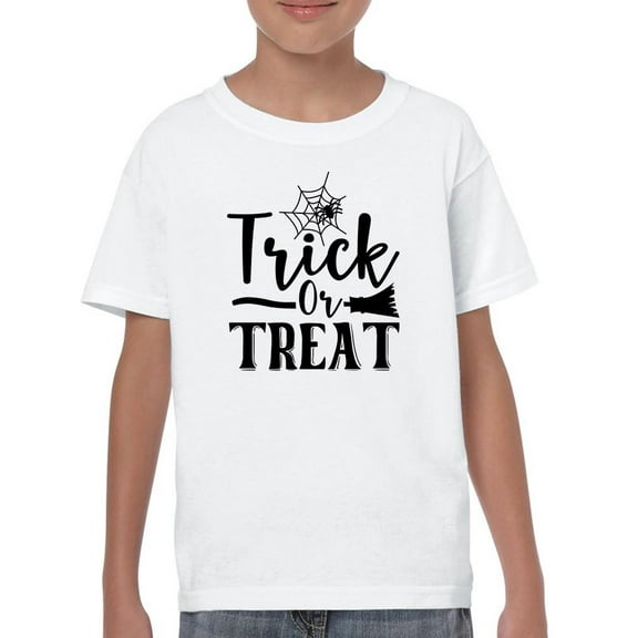 Trick Or Trear. Spider And Broom T-Shirt Juniors -Image by Shutterstock, Medium