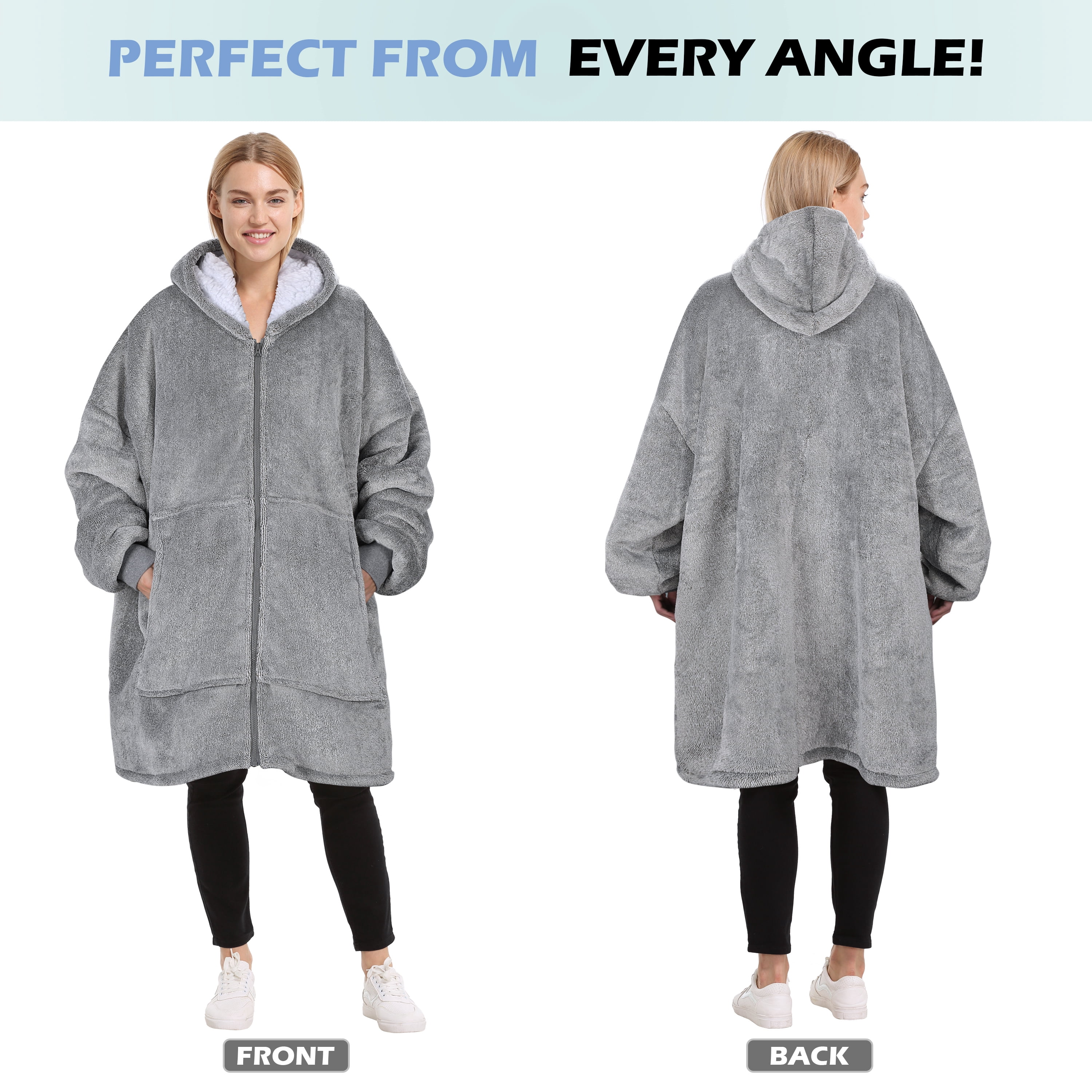 Catalonia Oversized Hoodie Blanket with Zipper, Wearable Sherpa Sweatshirt Pullover, Soft Warm Comfortable Jacket for Adults Men Women, Ash Grey