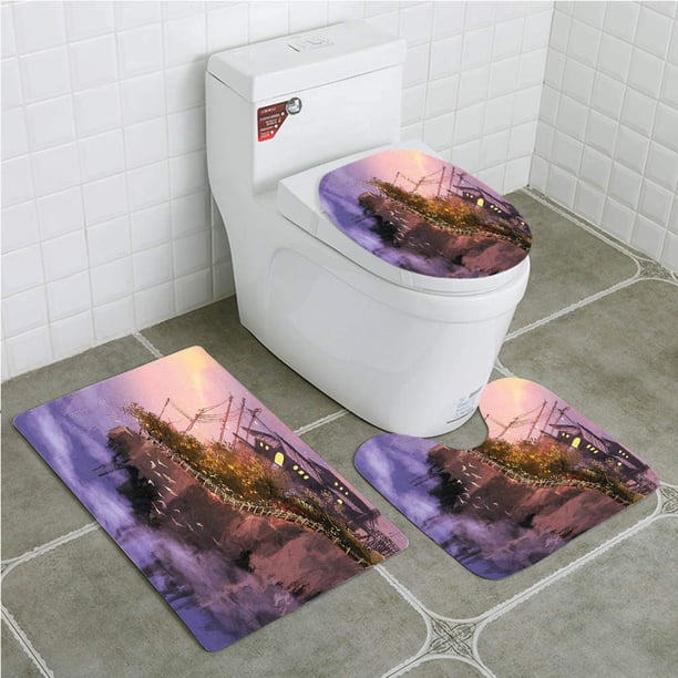 ABPHQTO Casa antigua de fantasía sobre acantilados en el cielo rosado Alto Mundo de ensueño Pueblo de niebla mágica 3 piezas Alfombra de baño Alfombra de contorno y tapa de inodoro ABPHQTO Cont-CHAPPLE-36699