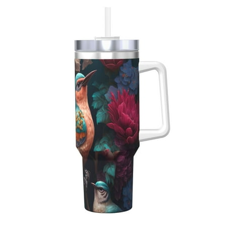 

Cauagu Colorful Rose Bird Print Stainless Steel Vacuum Insulated Tumbler 40oz Water Bottle with Handle & Flip Straw Reusable Travel Coffee Mug for Women & Men