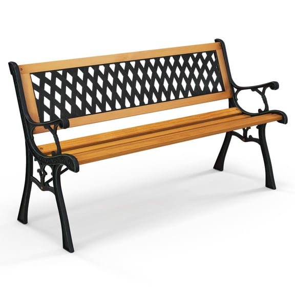 Rhombic Pattern Outdoor Garden Bench With Cast Iron Lattice Backrest And Hardwood Seat Weather Resistant Park Bench