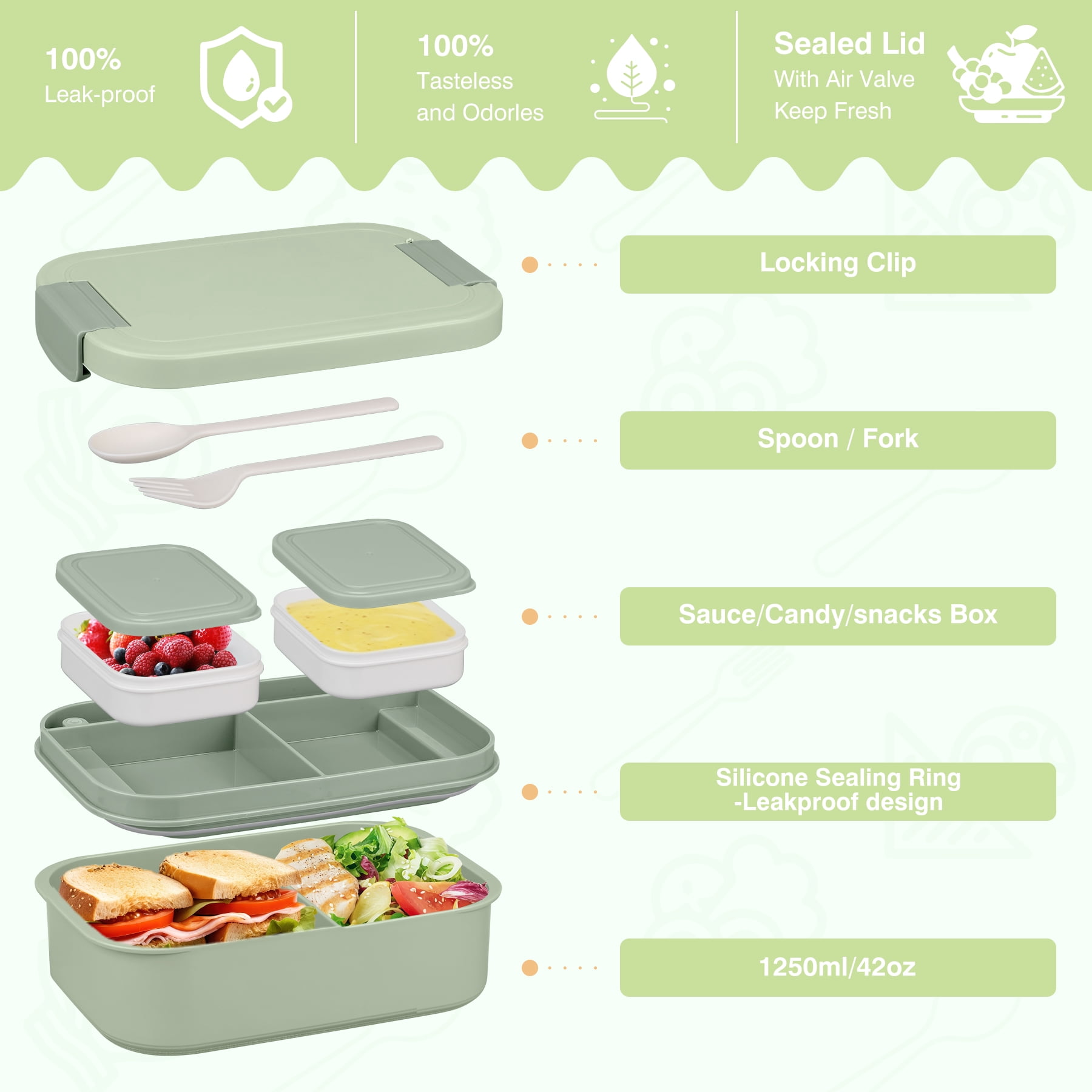 Bento Lunch Box Set with 10.5oz Soup Thermo for Adults Kids, Leak-proof Food Jar Lunch Container with 4 Compartment, Stainless Steel Coffee Tumbler with Lunch Bag for School Travel Office Green