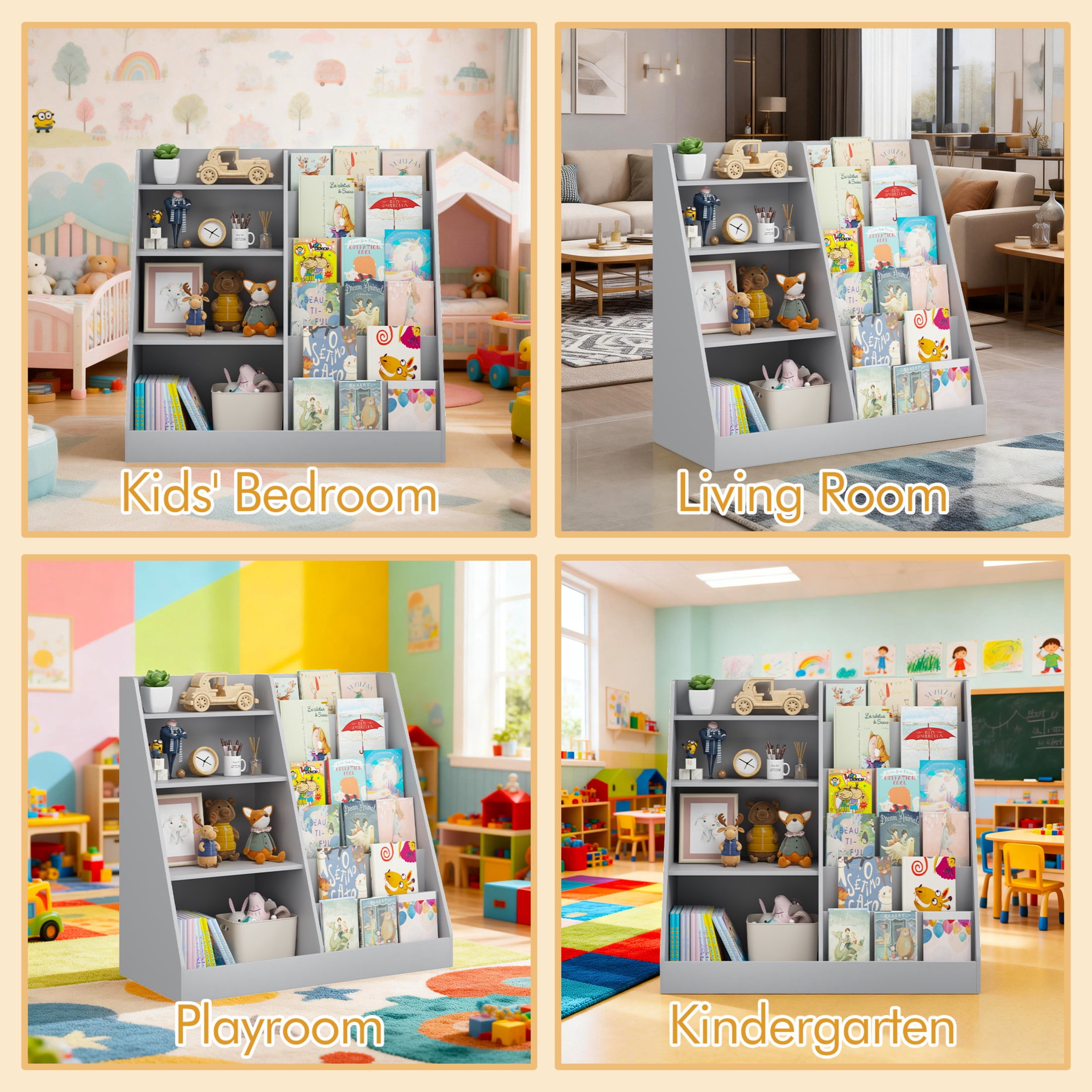 Noble House Kids Bookshelf and Toy Storage Organizer, 4-Tier Wooden Bookcase for Nursery, Playroom, Gray