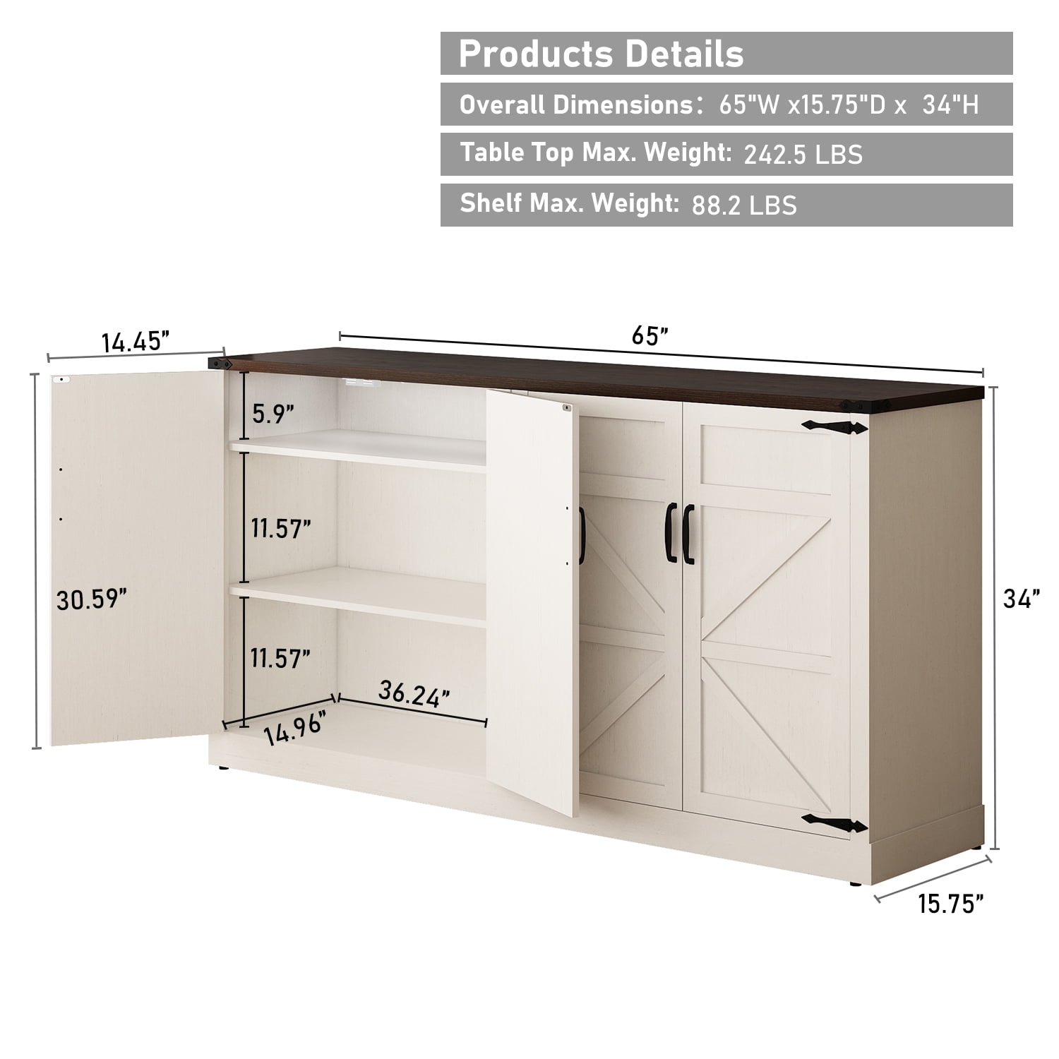Blotout 65" Kitchen Modern Sideboard Buffet Cabinet Engineered Wood White Brown