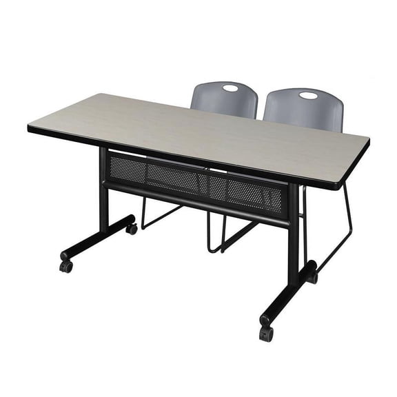 60" x 30" Flip Top Mobile Training Table w/ Divider- Maple & 2 Stack Chairs