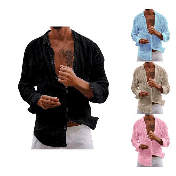 CUSTG Men Blouse Linen Shirts Thin Casual Button Down Shirts Long Sleeve Beach Shirt T Shirts For Men Lapel Comfort Solid Color Summer Tops