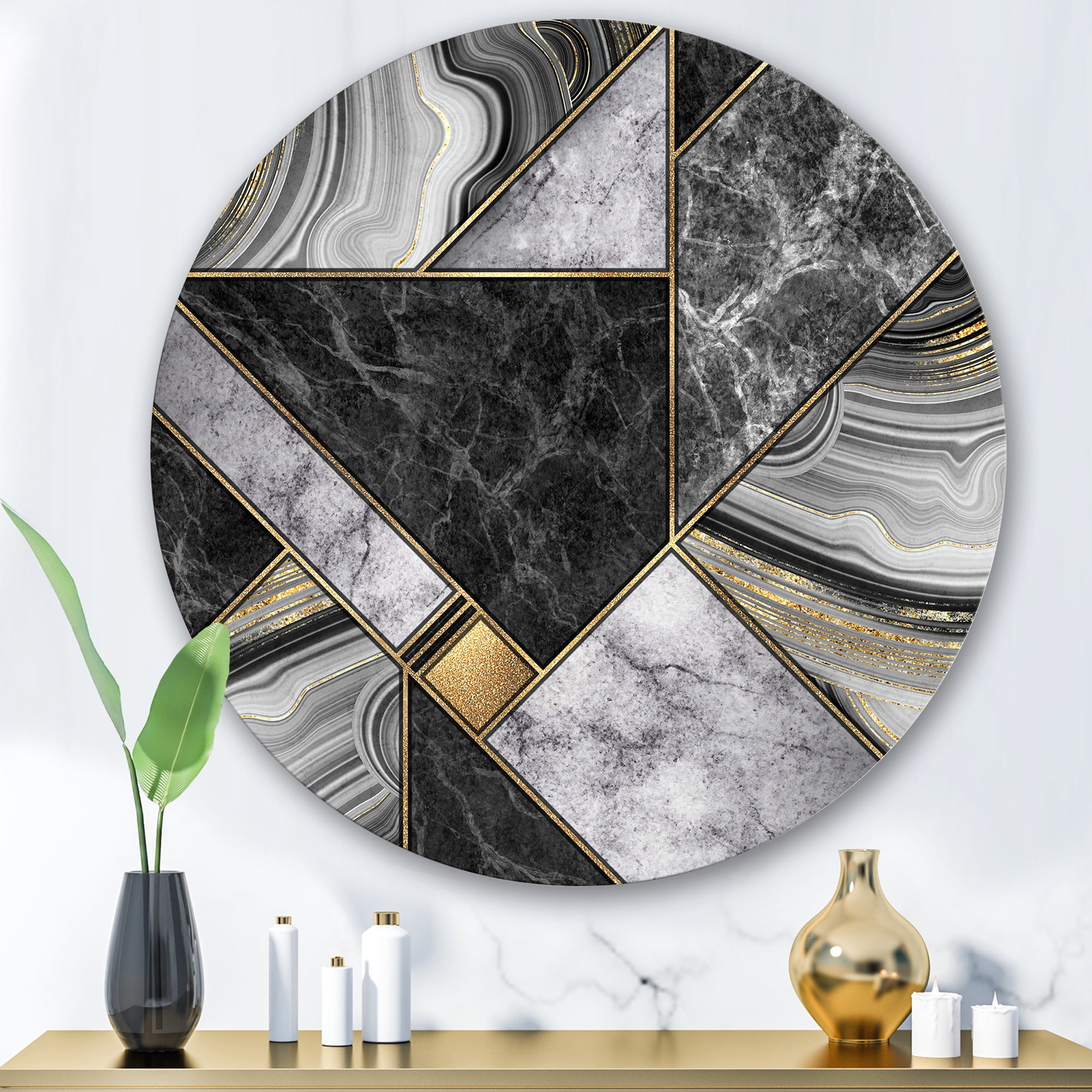 Designart 'Touches Of Gold With Marble Granite Agate' Modern Circle Metal Wall Art 29x29 - Disc of 29