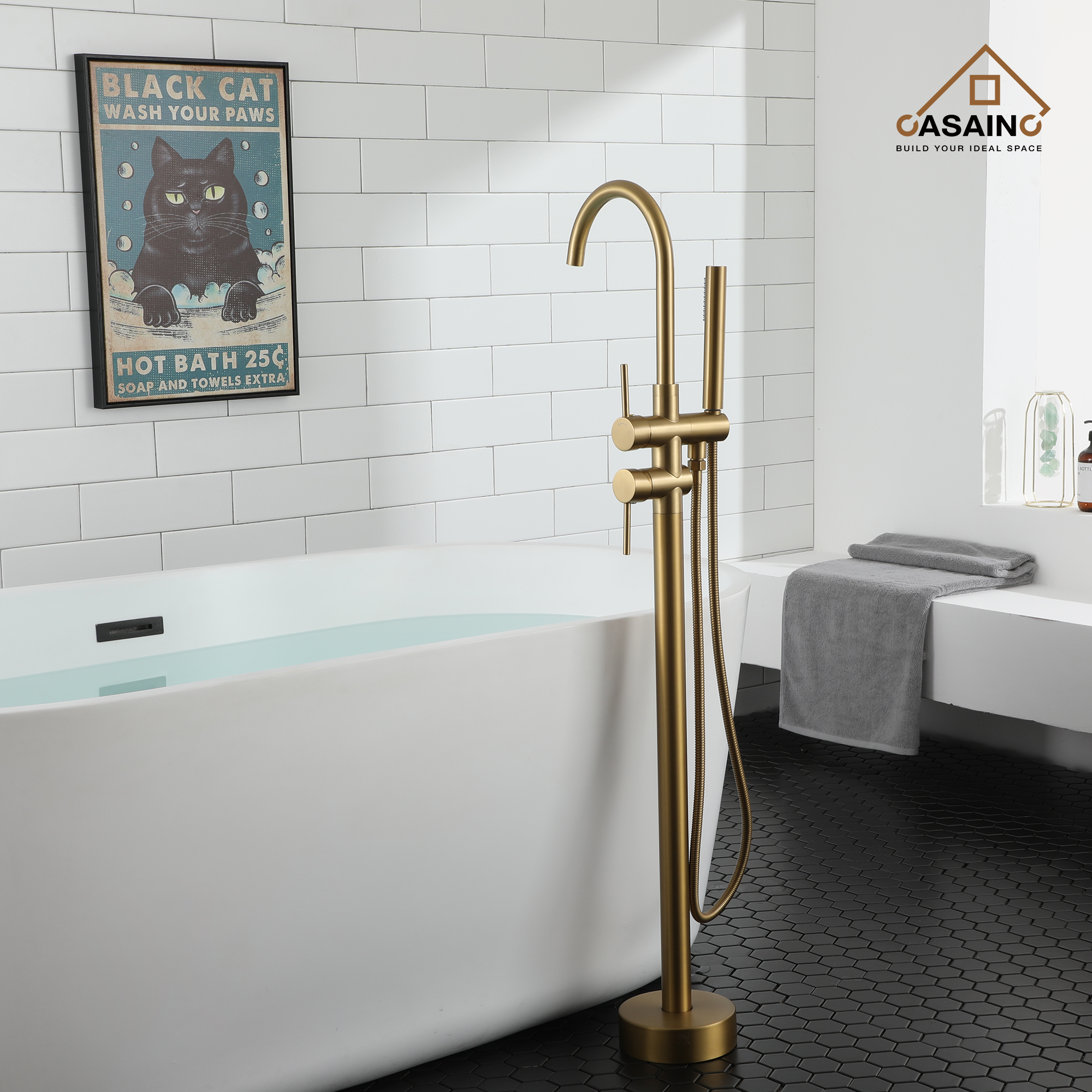 CASAINC Double-Handles Floor-Mount High Arch Tub Faucet High Flow Bathroom Tub Filler with Handshower in Brushed Brass