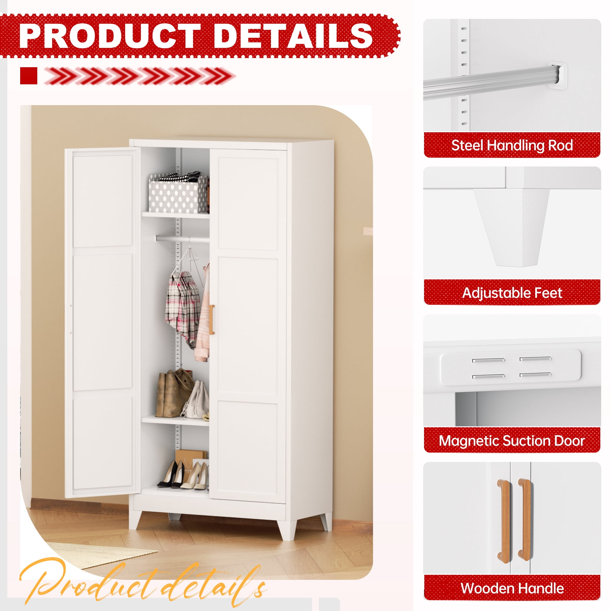 SUNCROWN Metal Wardrobe Cabinet with Wooden Handle, 72" Metal Wardrobe Closet with Hanging Rods and Adjustable Shelves, Steel Storage Locker Closet for Home, Office, Employee, Gym (White)