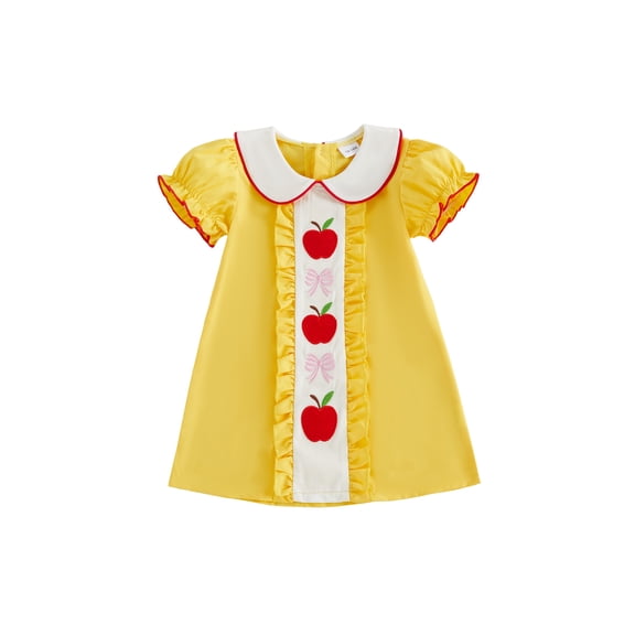 RUINIXCW Toddler Baby Girl Back to School Dress Kids Kindergarten First Day of School Outfits Toddler Girl Summer Fall Dress Puff Short Sleeve Doll Collar Apple Bow Embroidery Ruffle Trim Dress
