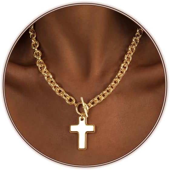 Chunky Best Cross Necklace for Women 14K Gold Precision-Plated Chunky Gold Necklace Thick O-Links Chain Big Crucifix Pendant Statement Choker Hypoallergenic Fashion Jewelry Gift for Women[q741]