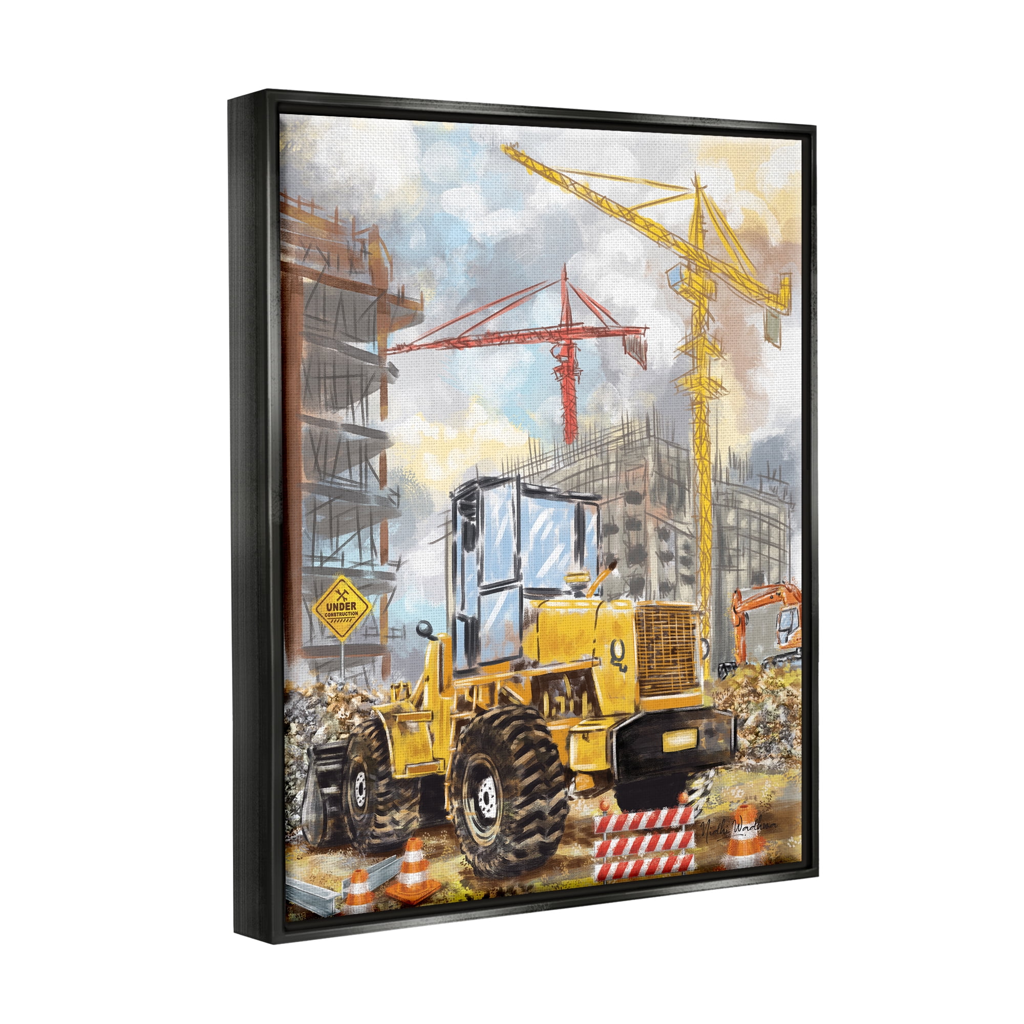 Stupell Industries Busy Construction Site Transportation Painting Black Floater Framed Canvas Art Print Wall Art, 25 x 31