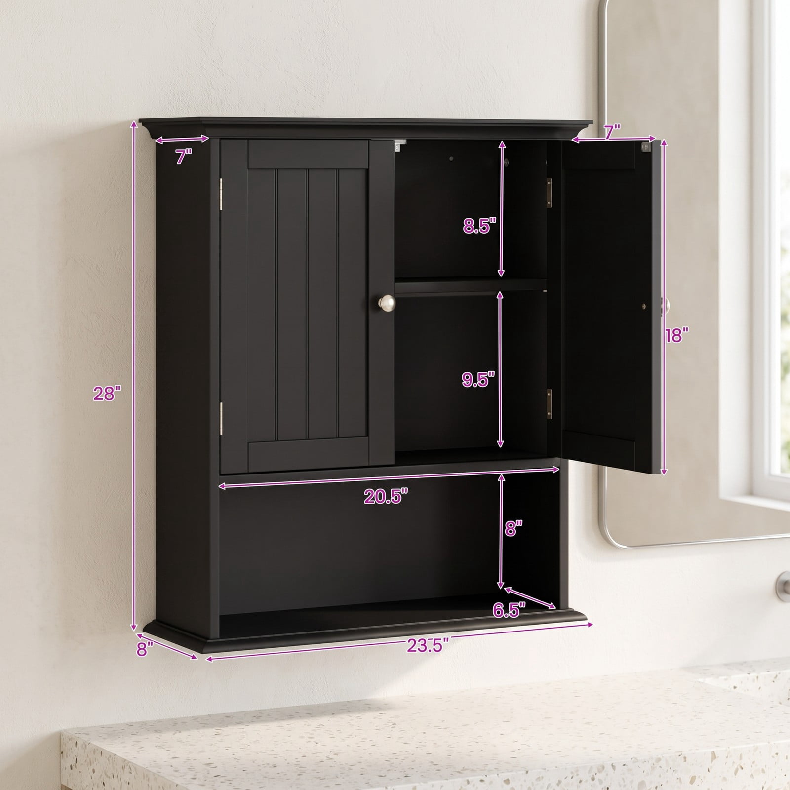 ALPULON Wall Mount Bathroom Cabinet, Wall-Mounted Storage Organizer with 2 Doors and Adjustable Shelves, Space-Saving Cabinet for Bathroom Kitchen Bedroom, Black