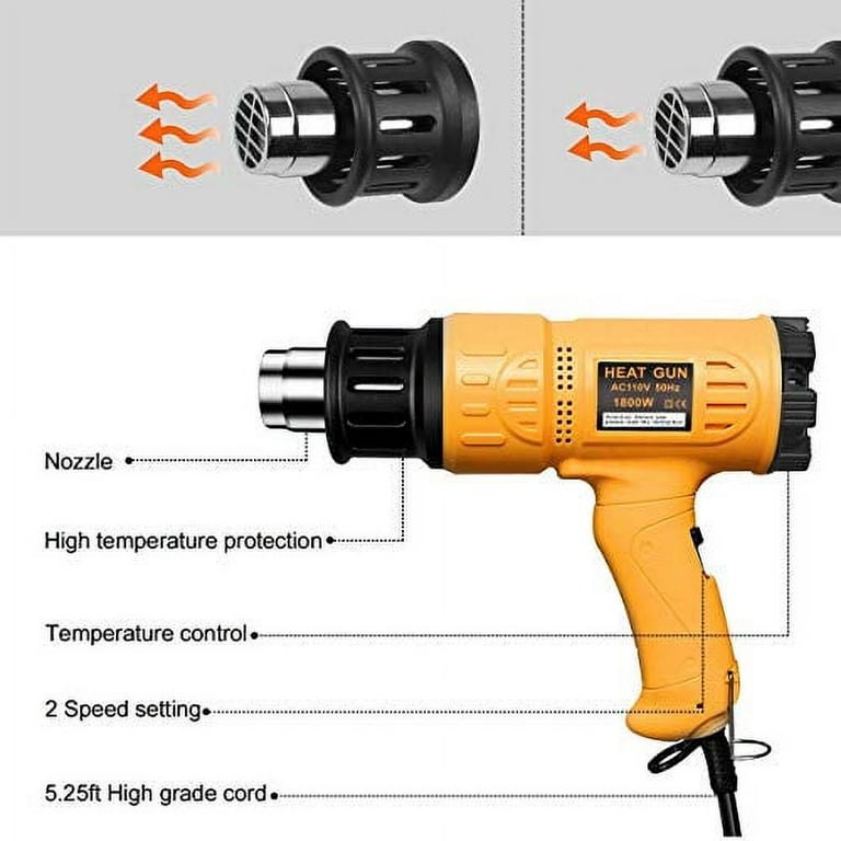 DIAFIELD 1850W Heat Gun Variable Temperature Settings 112℉~1202℉（44℃-  650℃), Fast Heat Hot Air Gun, Durable & Overload Protection, with 4 Nozzels  for