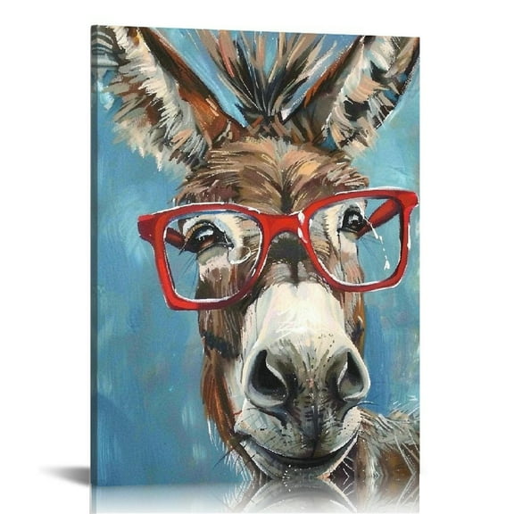 FCXZI Farmhouse Animals Canvas Prints Wall Art Funny Donkey with Red Glasses Pictures Modern  Artwork for Living Room Bedroom Bathroom Home Wall  Ready to Hang Canvas painting 12x16in