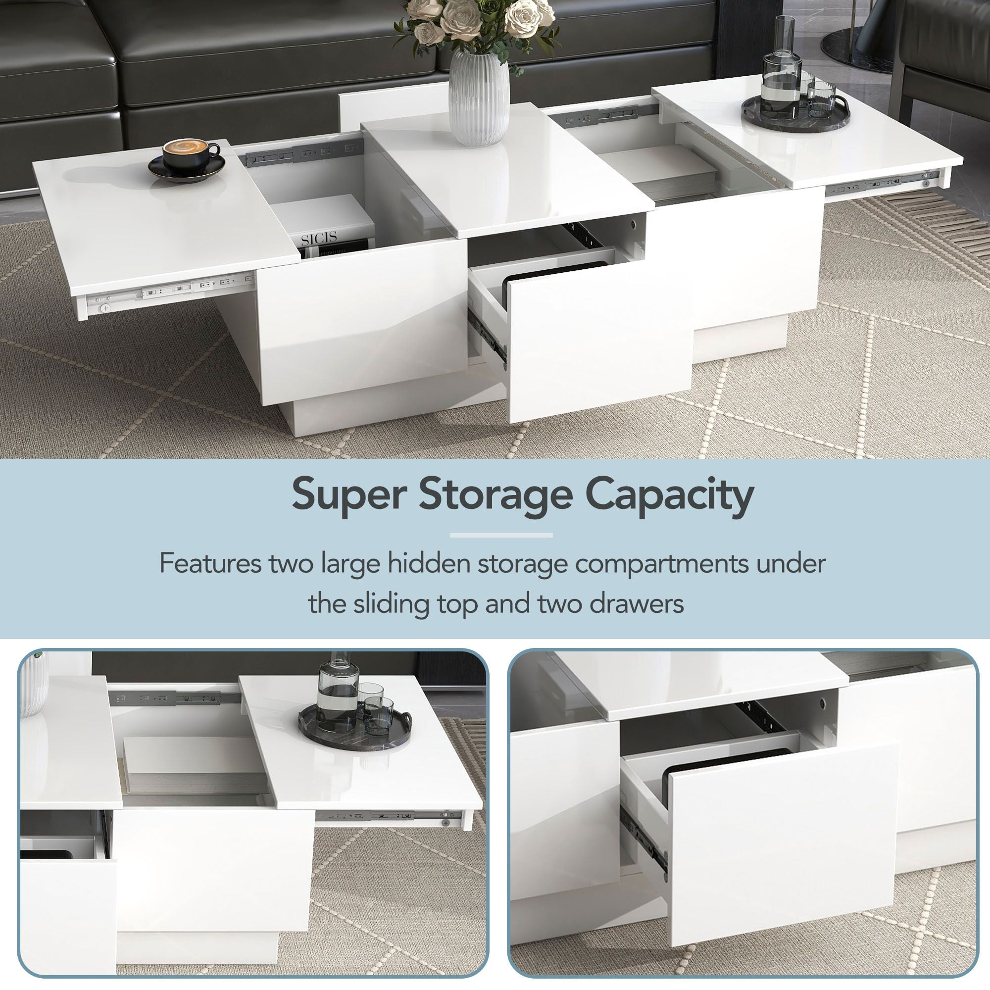 DEALTOPS Modern Coffee Table with Sliding Top and 2 Hidden Storage Compartments, High-gloss End Table with 2 Drawers for Living Room -White