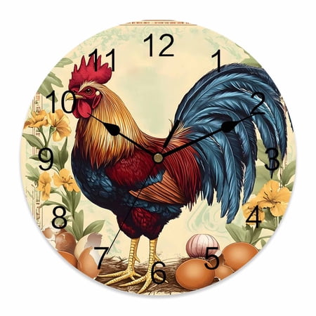 12 Inch Red Rooster Flowers Egg Wall Clock, Vintage Style Farm Rooster Watercolor Battery Operated Silent Non Ticking Clocks, Easy to Read Round Wall Clock for Kitchen/Living Room/Bedroom/Bathroom