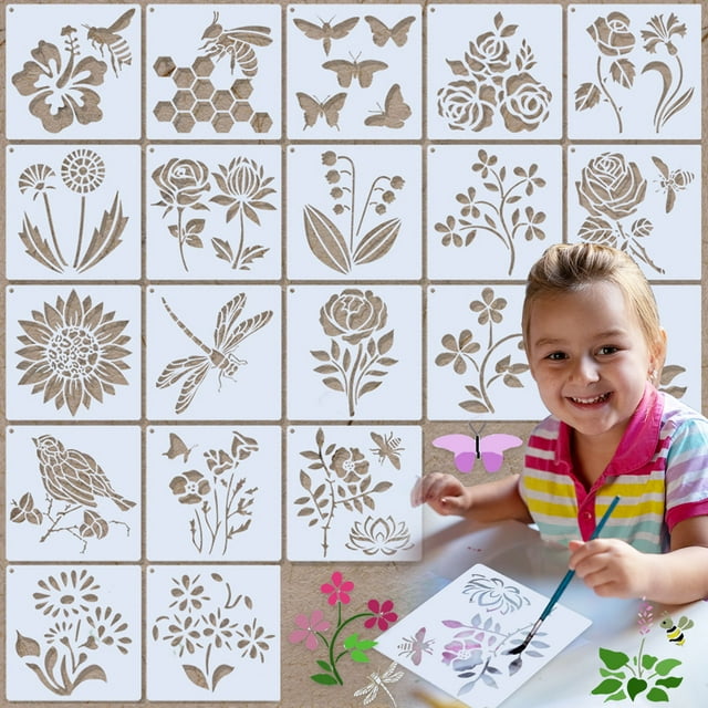 20 plantillas de flores para pintar insectos y flores (5 x 5 pulgadas), plantillas de pintura para manualidades reutilizables, plantillas de arte para pintar, plantillas de dibujo DIY para