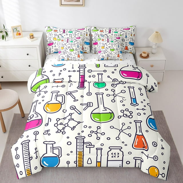 YST Chemistry Queen Comforter Set - 7-Piece Colorful Chemical Test Tube Bedding, Queen