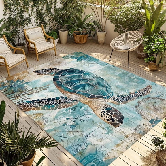 Teal Coastal Turtle Outdoor Rug 3x5 Ft - Reversible Patio Rug Outdoor Camping Rugs, Vintage Watercolor Marine Life Washable Indoor Outdoor Area Rugs, Non-Slip Outdoor Carpet Runner for Deck/Porch