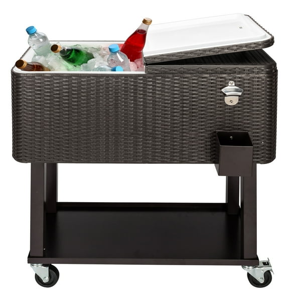 UWR-Nite 80 Quart Rolling Ice Chest on Wheels, Portable Patio Party Bar Drink Cooler Cart, with Shelf, Beverage Pool with Bottle Opener, Water Pipe