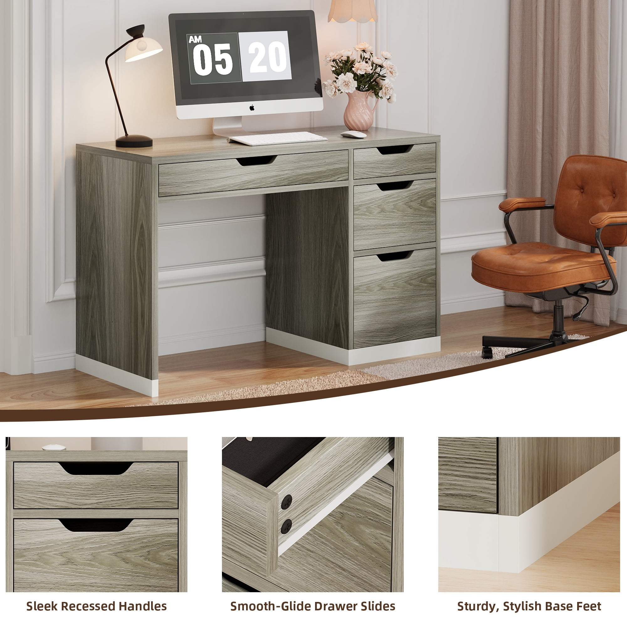 4 EVER WINNER 48" Computer Desk with Drawers, Home Office Desk with White and Walnut Finish, Study Writing Desk with Spacious Legroom for Bedroom & Office