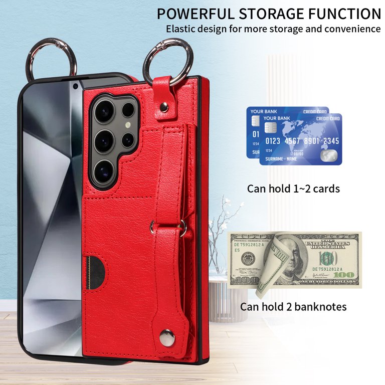 for Samsung Galaxy S24 Ultra Wallet Case with Card Holder, Hand Wrist Strap  Loop Holder Kickstand, Finger Grip Ring PU Leather Double Buttons  Shockproof Soft TPU Cover for Galaxy S24 Ultra, Red -