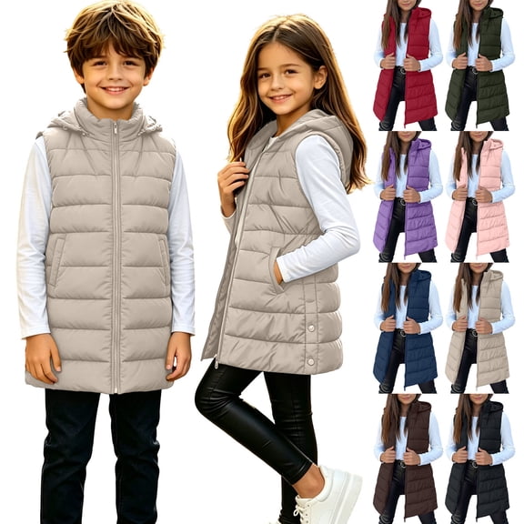 Cream Girls Puffer Vest Size 8-10 Years, Unisex Kids Lightweight Zip Up Hooded Winter Vests, Sleeveless Quilted Long Jackets