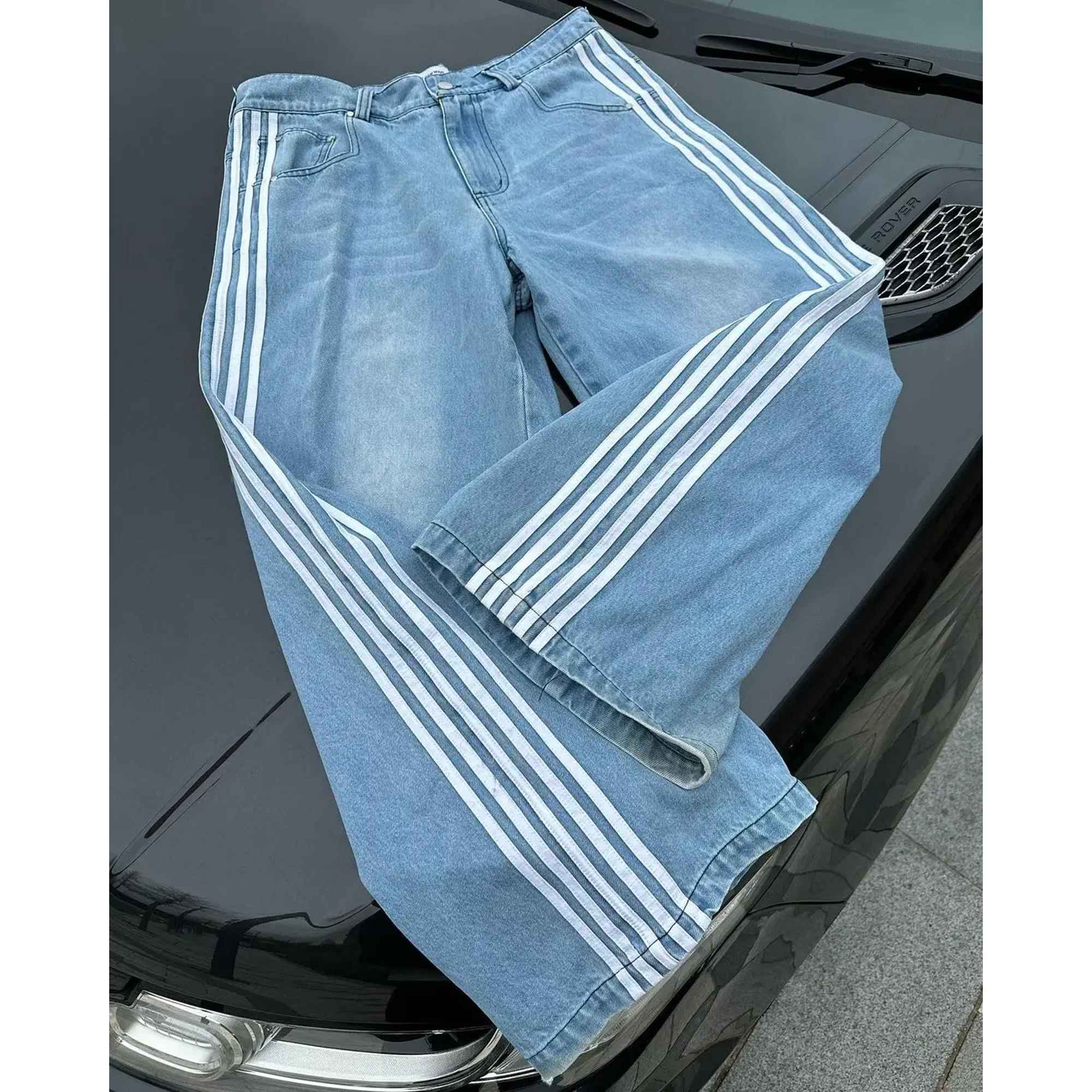 Classic Side Stripe Baggy Jeans Y2k High Waisted Wash Blue