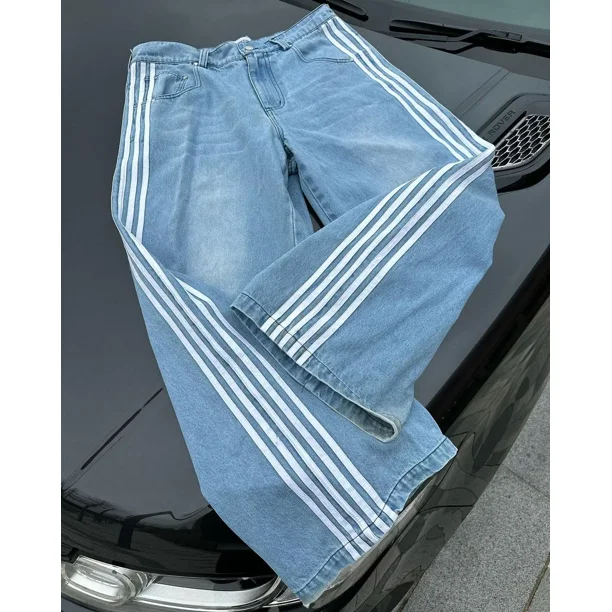 RAIVE 韓国Stripe Straight Denim Pants Blue Classic Side Stripe Baggy Jeans Y2k High Waisted Wash Blue Women