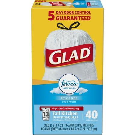 Glad OdorShield Tall Kitchen Drawstring Trash Bags - Febreze Fresh Clean - 13 Gallon - 40 ct Glad OdorShield Tall Kitchen Drawstring Trash Bags - Febreze Fresh Clean - 13 Gallon - 40 ct