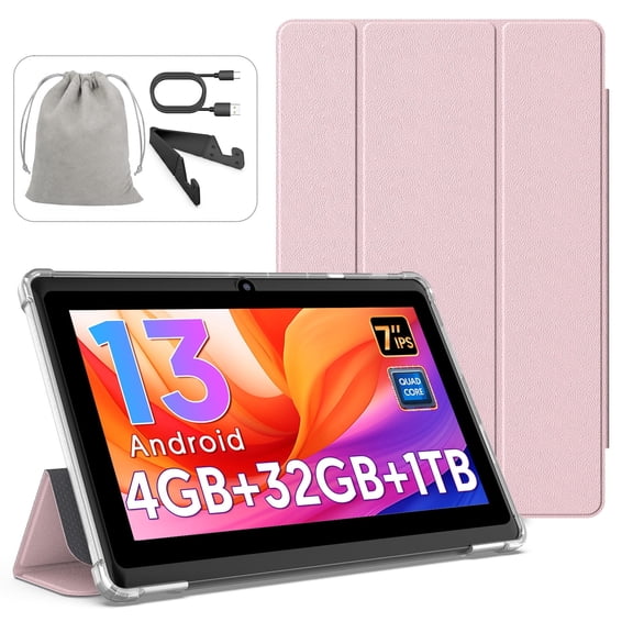 FITIFUN 7 inch Tablet Android 13 Tablets with Case, Stand, Storage Bag, 4(2 2)GB RAM 32GB ROM 1TB Expand, Quad-Core, HD IPS Display, Wifi, Dual Camera,Pink